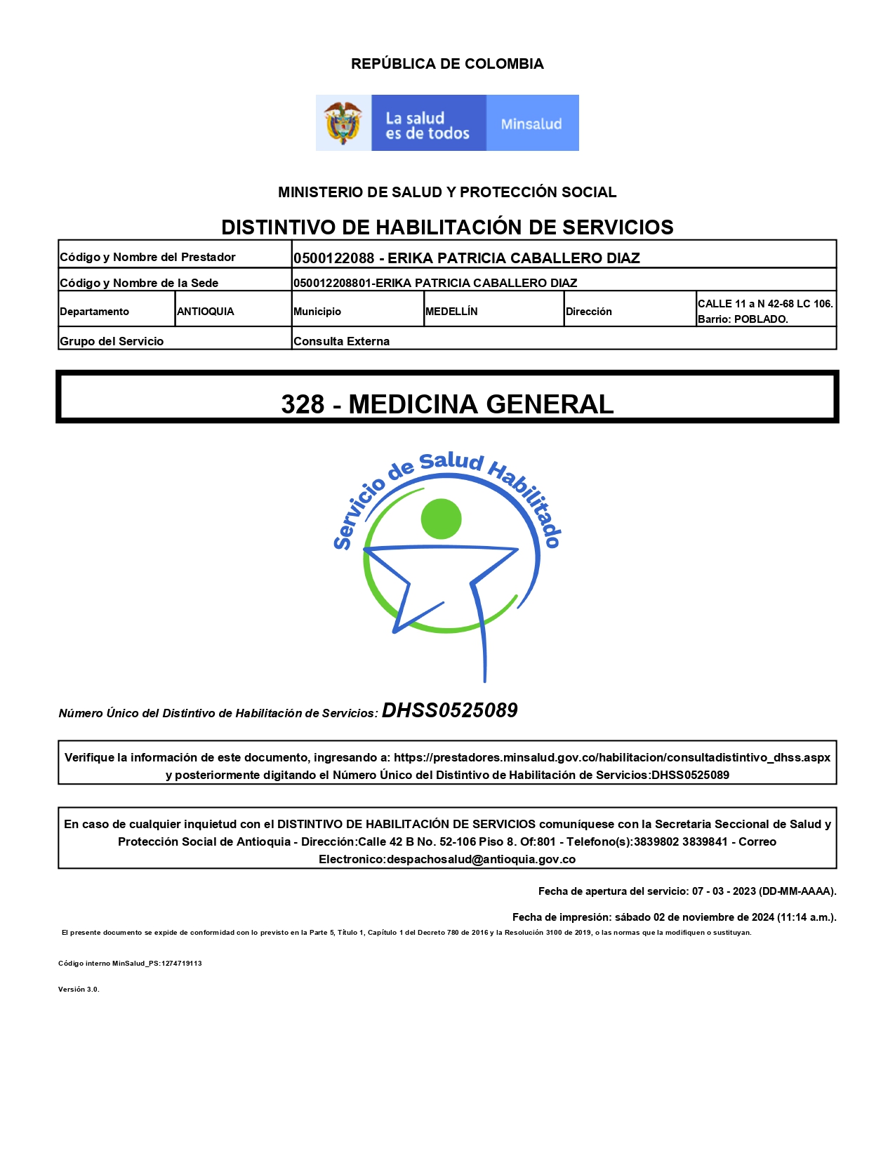 Certificado de Habilitación Ministerio de Salud